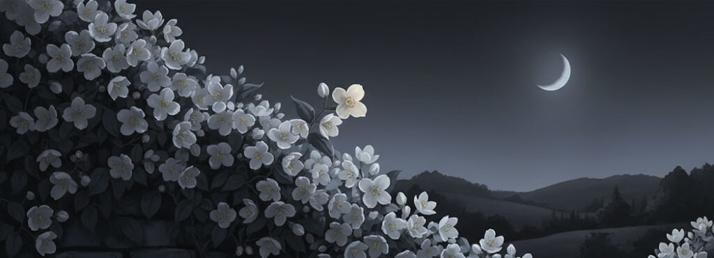Nocturnal illustration of pale ivory jasmine blossoms catching silver moonlight against a deep ink-black and indigo-charcoal stone wall fading into tonal silvers beyond