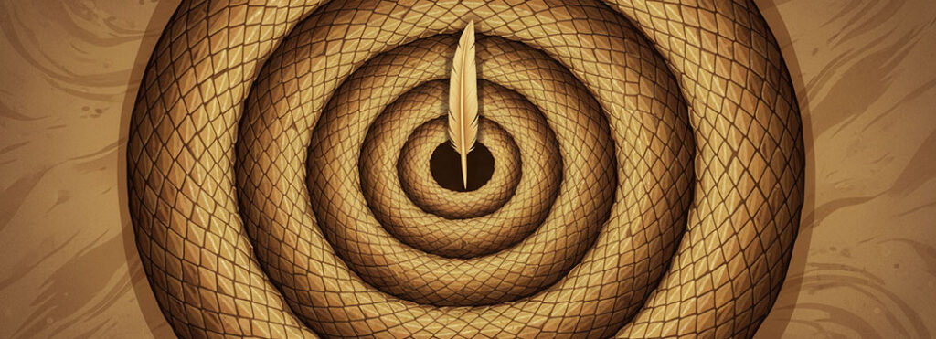 Stylized illustration of a rattlesnake coiled into a hypnotic spiral with ochre and sienna scales, venom-green highlights, and a warm cream-gold quill rising from the spiral's center