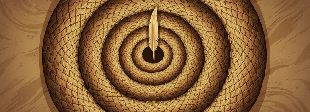 Stylized illustration of a rattlesnake coiled into a hypnotic spiral with ochre and sienna scales, venom-green highlights, and a warm cream-gold quill rising from the spiral's center
