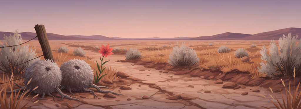 Dusk illustration of two weathered driftwood-gray tumbleweeds nestled against a wooden fence post beside a saturated coral-vermillion desert bloom, with sun-bleached sage and rust-orange grasses against a warm dusky-violet sky