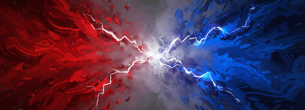 Abstract illustration of vivid red and deep blue colliding in a turbulent grey-purple fog with white sparks of revelation at the jagged center