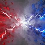 Abstract illustration of vivid red and deep blue colliding in a turbulent grey-purple fog with white sparks of revelation at the jagged center
