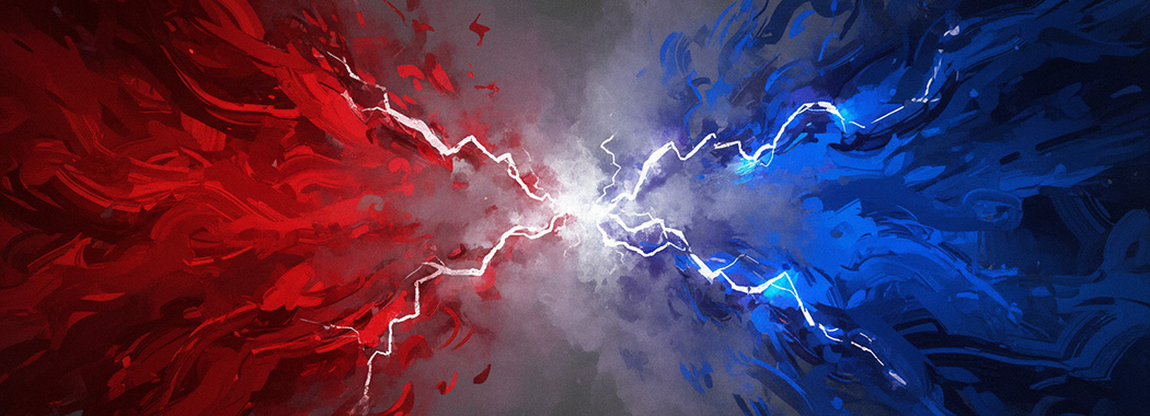Abstract illustration of vivid red and deep blue colliding in a turbulent grey-purple fog with white sparks of revelation at the jagged center