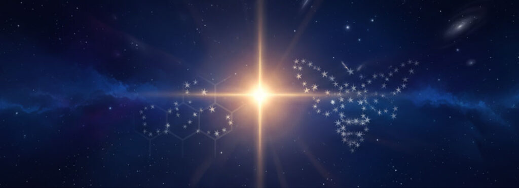 Night-sky illustration of a radiant warm gold and honey-amber star against a deep cobalt and midnight-purple cosmos, with delicate silver-white smaller stars forming a faint bee-pattern constellation around it