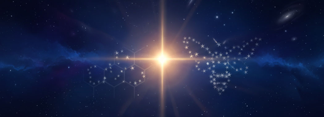 Night-sky illustration of a radiant warm gold and honey-amber star against a deep cobalt and midnight-purple cosmos, with delicate silver-white smaller stars forming a faint bee-pattern constellation around it