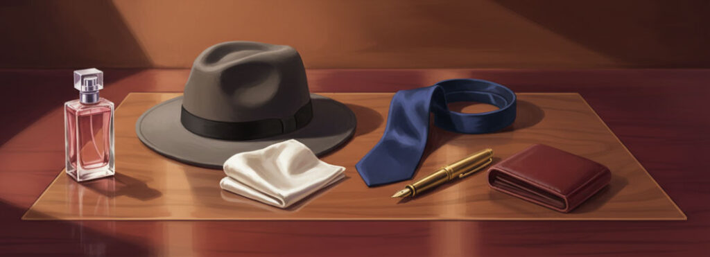 Still-life illustration of a charcoal fedora, pearl-white handkerchief, navy tie, brass pen, and oxblood wallet on a polished burgundy surface beside a delicate rose-pink perfume bottle catching warm amber lamp light