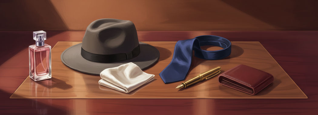 Still-life illustration of a charcoal fedora, pearl-white handkerchief, navy tie, brass pen, and oxblood wallet on a polished burgundy surface beside a delicate rose-pink perfume bottle catching warm amber lamp light