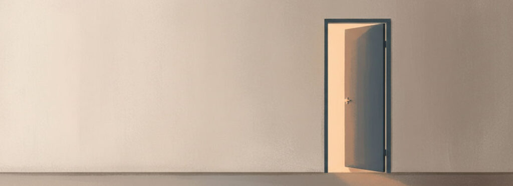 Spare minimalist illustration of a deep slate blue-gray door slightly ajar in a warm chalky cream wall with a peach-gold glow visible through the gap