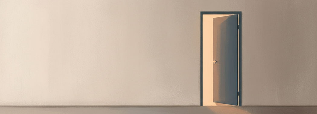 Spare minimalist illustration of a deep slate blue-gray door slightly ajar in a warm chalky cream wall with a peach-gold glow visible through the gap