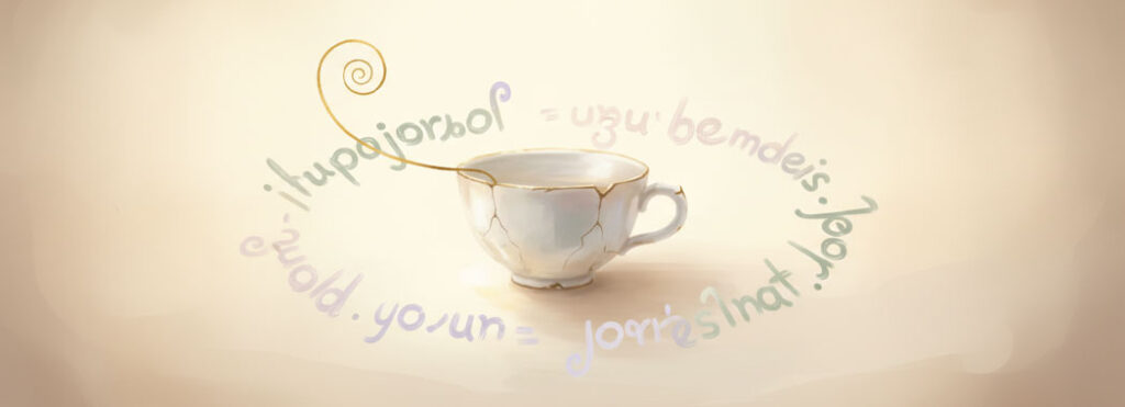 Whimsical illustration of a pale eggshell porcelain vessel centered in warm honey-cream light, ringed by faint lavender and sage shapes suggesting multilingual words, with a thin gold golden-ratio spiral curling upward