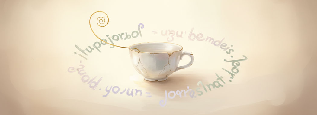 Whimsical illustration of a pale eggshell porcelain vessel centered in warm honey-cream light, ringed by faint lavender and sage shapes suggesting multilingual words, with a thin gold golden-ratio spiral curling upward