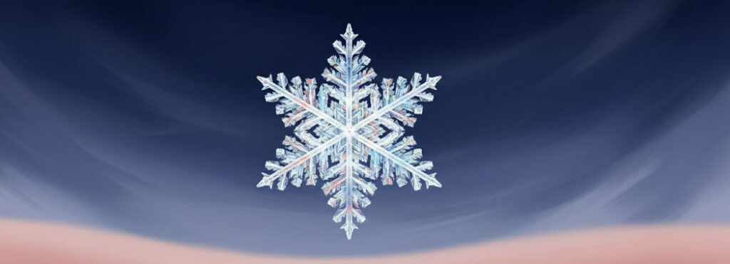 Close illustration of an intricately fractal crystalline snowflake suspended mid-descent in soft slate-violet air against deep navy background, with prismatic ice-blue, lavender, coral, and gold glints, above an out-of-focus warm rose-blush surface suggesting waiting skin