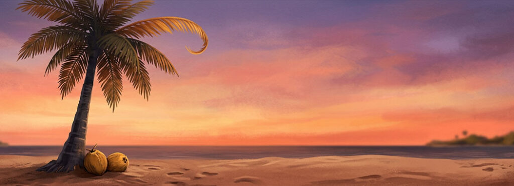 Stylized illustration of a tall charcoal-brown palm tree against a tangerine and coral sunset sky, with one distinguished gold-amber frond catching the light and two honey-brown coconuts resting in cinnamon-warm sand at the base
