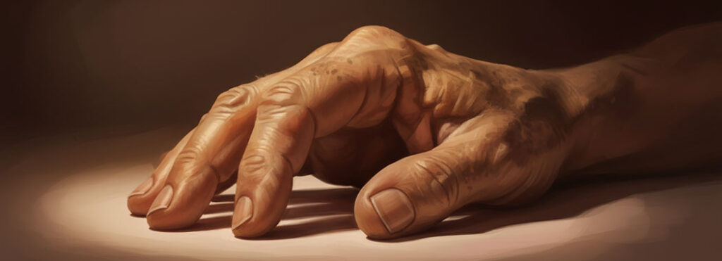 Close illustration of a single aged hand in warm amber and burnished bronze with deep umber knuckle shadows, palm open and resting in soft lamp light against surrounding tobacco-brown and mahogany dimness