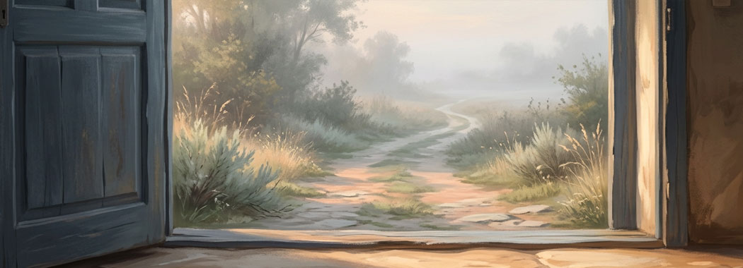 Spare illustration of a slate blue-gray doorframe with warm honey-amber interior light spilling out onto a short sage and dusty wheat path with mixed peach sun and dove-gray shadow, fading into pale silver mist