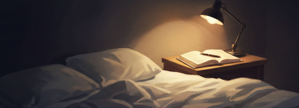 Dim-lit illustration of an open notebook on a bedside table in a warm honey-amber lamp pool with a pen across the page and tumbled cream sheets in the foreground against deep midnight-navy bedroom shadow
