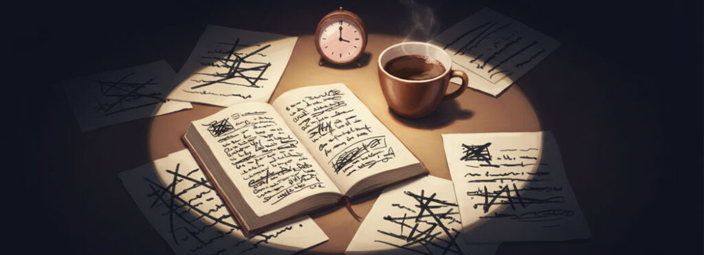 Close illustration of a writer's desk at deep night with an open cream notebook of scrawled black handwriting, a warm chestnut coffee cup, scattered ivory pages, and a small clock showing 3:12 in a tight pool of honey-amber lamp light against deep midnight-navy darkness