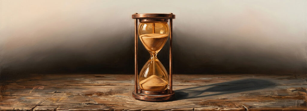 Spare illustration of a single warm honey-amber and burnished copper hourglass on weathered chestnut wood with sand-gold sand just past midway through its descent, soft peach-amber afternoon light catching the glass and casting a deep slate-gray diagonal shadow