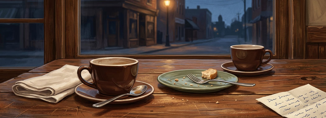 Close illustration of a wooden restaurant table at dusk with two cocoa-brown coffee cups, a cream-white folded napkin, a sage-green small plate, and a partially folded ivory note with ink-blue handwriting, with a deep slate-blue dusk streetscape and a single warm amber streetlamp visible through a window