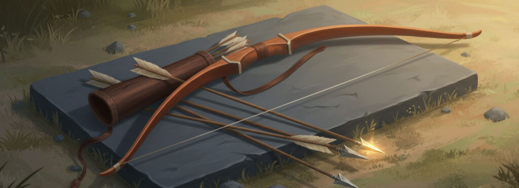 Spare illustration of a chestnut wooden bow with relaxed bowstring resting on a slate-gray flat stone beside a walnut quiver containing iron-gray arrowheads with pale ivory fletching and one arrow tipped in warm gold-amber glow, against dusty sage-green earth in honey-amber late-afternoon light