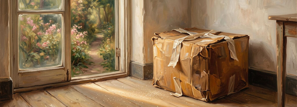 Close illustration of a weathered tobacco-brown cardboard box with dented umber corners and peeling pale ivory shipping tape in a corner of a softly lit room, with a warm sage-green and pale rose-pink arboretum path visible through a partial window in golden afternoon light