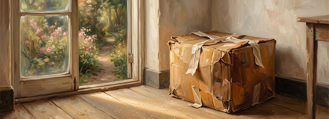 Close illustration of a weathered tobacco-brown cardboard box with dented umber corners and peeling pale ivory shipping tape in a corner of a softly lit room, with a warm sage-green and pale rose-pink arboretum path visible through a partial window in golden afternoon light