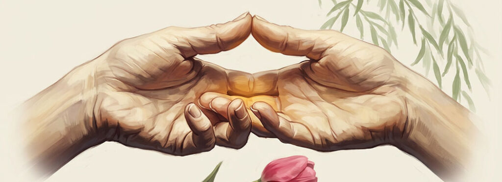 Close illustration of two aged open hands in warm cream and amber meeting palm-to-palm with small fingers curving to touch in honey-gold light, with a rose-pink tulip bent at the lower edge and a sage-green willow branch arching from the upper corner