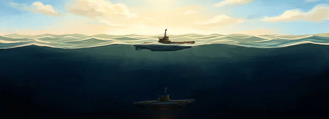 Split-register illustration showing deep ink-black abyssal water with a small brass and slate-gray submarine silhouette and a faint warm-amber light pinpoint at the bottom, and warm sky-blue sky above kelp-green and ocean-teal water surface with golden sunlight and pale ivory clouds