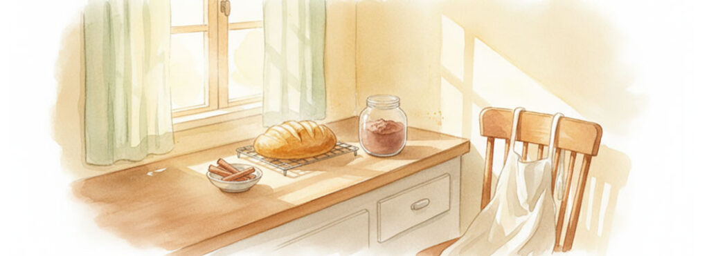 Watercolor-style illustration of a warm vintage kitchen with honey-cream walls and butter-yellow afternoon light through a sage-green curtained window, a chestnut wooden countertop with a golden-crust loaf, cinnamon sticks, cocoa, and a dove-cream apron draped over a chair