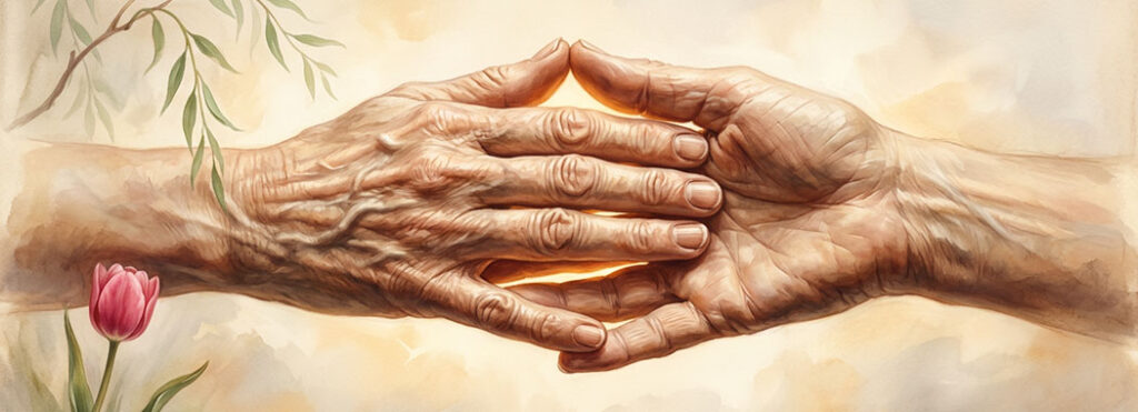Close illustration of two aged open hands in warm cream and amber meeting palm-to-palm with small fingers curving to touch in honey-gold light, with a rose-pink tulip bent at the lower edge and a sage-green willow branch arching from the upper corner