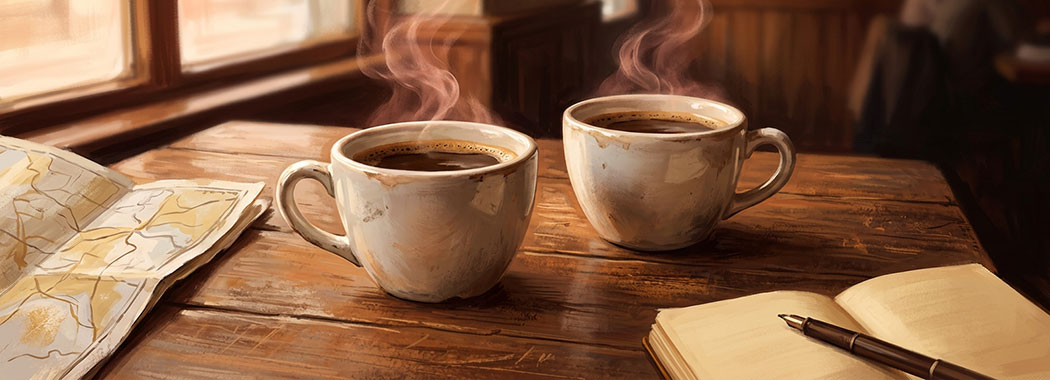 Close illustration of two weathered cream coffee cups with cocoa-brown coffee and rose-cream steam on a warm chestnut wooden table beside a faded ivory paper map and small honey-cream open notebook with a sepia pen, in warm peach-amber afternoon light against deep tobacco-shadow