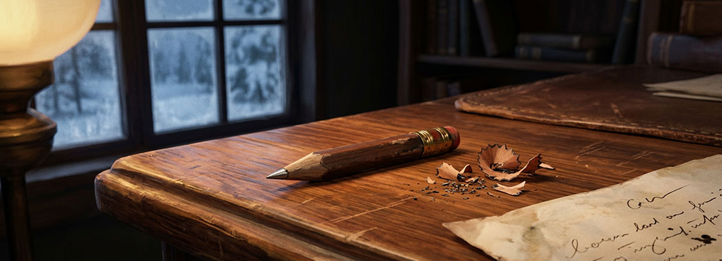 Close illustration of a short worn umber-wood pencil with a freshly sharpened graphite-gray tip resting on a warm chestnut writing desk beside tobacco-brown shavings and a faded ivory paper edge with faint sepia script, in warm amber lamp glow with pale slate-blue cold light through a window beyond
