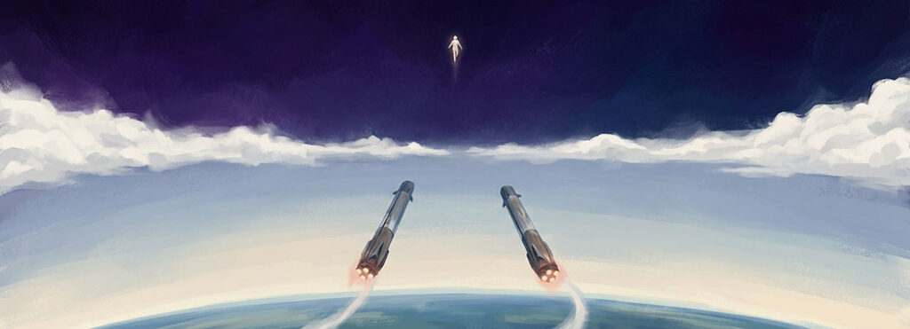 Split-register illustration with a small pale white-gold Star Sailor figure rising into deep cosmic violet space above, and two weathered slate-gray rocket boosters descending in synchronized choreography with coral-orange engine glows and white-vapor trails below, divided by soft cumulus-white clouds against pale dove-blue earth atmosphere