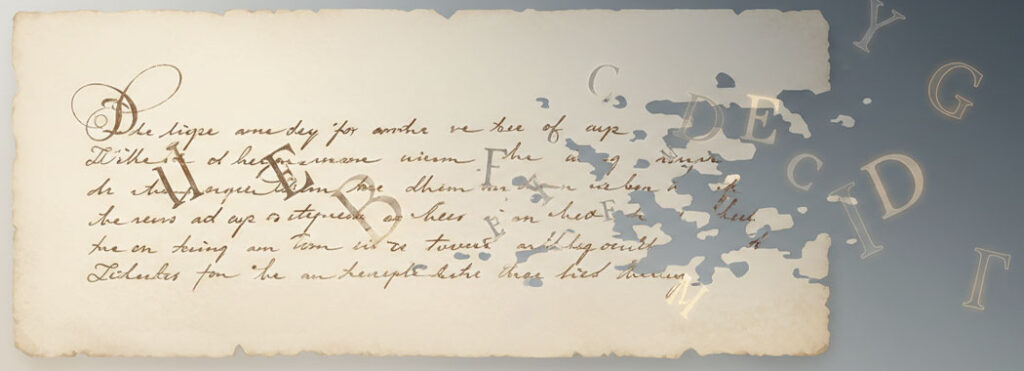 Close illustration of a half-written page in warm cream paper with deep sepia script fading into tobacco-brown dissolution, a few warm shadow-gray letters with amber-glow edges floating above the page in pale silver-gray dusk light against deep slate at the upper edges