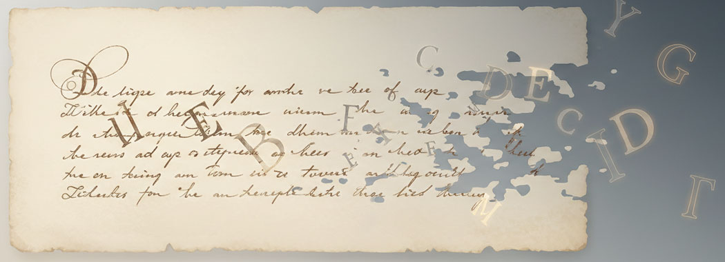 Close illustration of a half-written page in warm cream paper with deep sepia script fading into tobacco-brown dissolution, a few warm shadow-gray letters with amber-glow edges floating above the page in pale silver-gray dusk light against deep slate at the upper edges