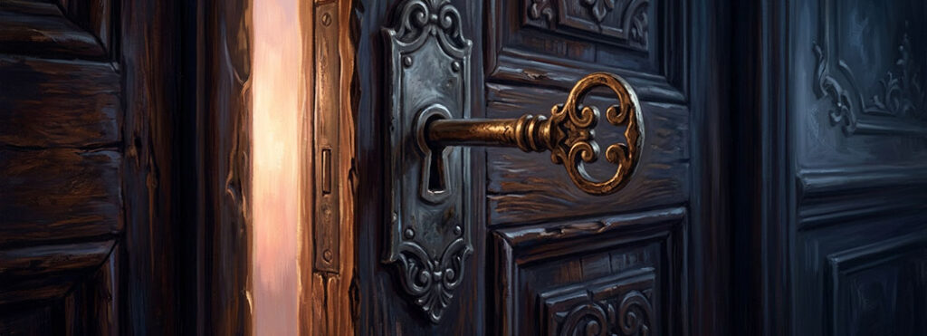Close illustration of a warm burnished brass key partially turned in a pewter-gray lock plate set in an ornate deep walnut door, with the first faint pink-gold and peach-amber edge of dawn light spilling through a small opening crack against deep velvet pre-dawn indigo