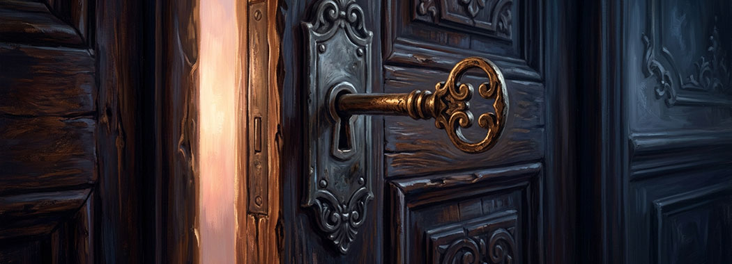 Close illustration of a warm burnished brass key partially turned in a pewter-gray lock plate set in an ornate deep walnut door, with the first faint pink-gold and peach-amber edge of dawn light spilling through a small opening crack against deep velvet pre-dawn indigo
