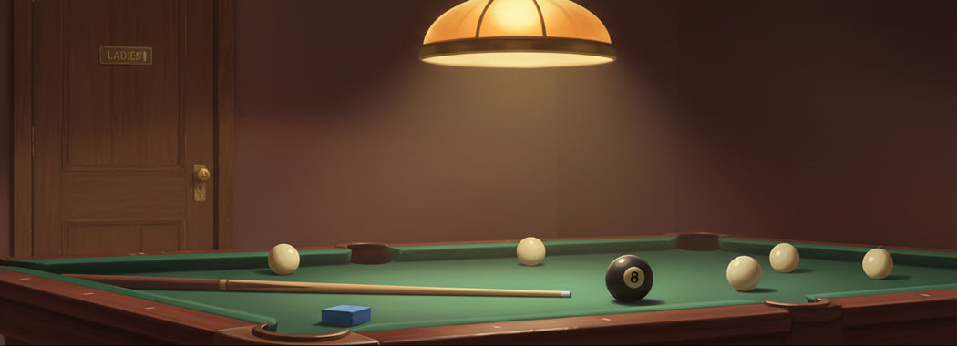 Warm illustration of a vintage pool hall corner with a forest-green felt table, weathered chestnut cue and blue chalk, scattered cream-white balls and a matte-black eight ball, and a closed oak-brown ladies' room door with a brass doorknob in honey-amber billiard-lamp light against deep maroon walls