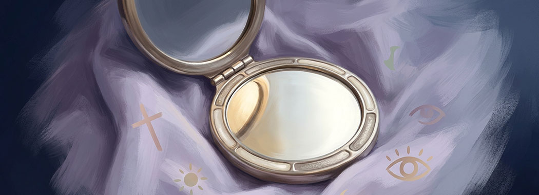 Close illustration of an open hand mirror with brushed-silver frame catching warm light on soft dove-violet draped cloth, surrounded by faint pale rose-gold, sage-green, mauve, and honey-cream symbols suggesting a cross, sun, crescent, and eye, against deep navy fading to pale slate