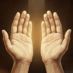 Close illustration of two warm cream open hands held side by side palms facing each other with a faint warm honey-gold glow between them, a warm amber partially open door spilling honey-cream light on the left, a deep slate-gray partially open door spilling pale silver-blue light on the right, and a faint pale dove-cream double-door silhouette at the top center, against deep warm tobacco-shadow