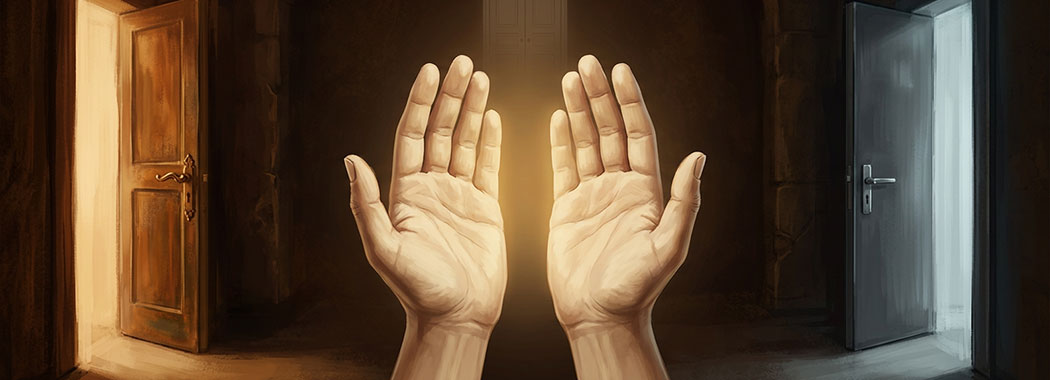 Close illustration of two warm cream open hands held side by side palms facing each other with a faint warm honey-gold glow between them, a warm amber partially open door spilling honey-cream light on the left, a deep slate-gray partially open door spilling pale silver-blue light on the right, and a faint pale dove-cream double-door silhouette at the top center, against deep warm tobacco-shadow
