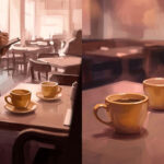 Four-panel illustration showing a Friday empty pale dove-gray plate with herbs and water in cool silver light, two Saturday restaurant panels with honey-amber coffee cups and a waitress's pen in rose-cream light, and a Sunday lit candle with a thin clean flame in deep warm cinnamon-gold light