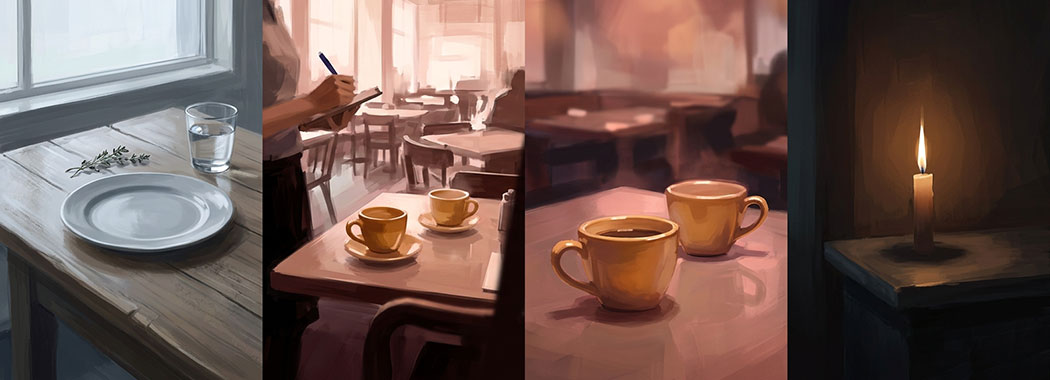 Four-panel illustration showing a Friday empty pale dove-gray plate with herbs and water in cool silver light, two Saturday restaurant panels with honey-amber coffee cups and a waitress's pen in rose-cream light, and a Sunday lit candle with a thin clean flame in deep warm cinnamon-gold light