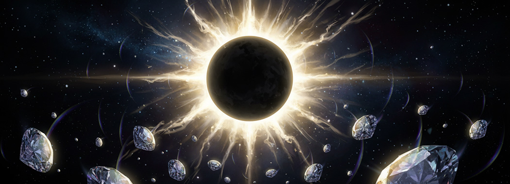 Dramatic illustration of a solar eclipse corona blazing white-gold with raw diamonds in the foreground scattering prismatic light against deep space black