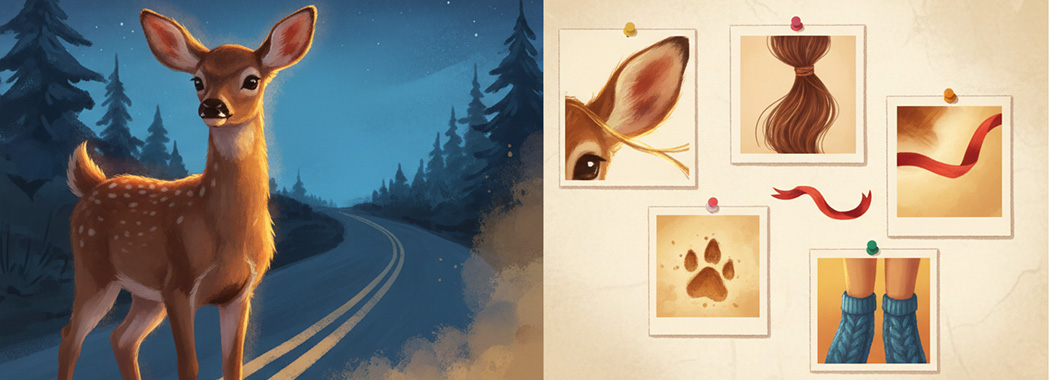 Warm split illustration of young deer in amber headlights on the left and a cascade of tiny specific detail vignettes on the right