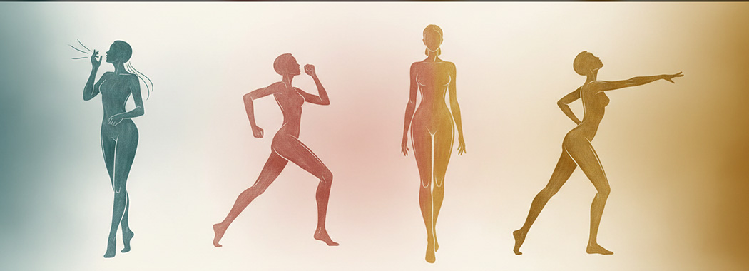 Clean elegant illustration of four abstract feminine silhouettes in progression from speaking to sharing, gradient from cool teal through warm rose to gold