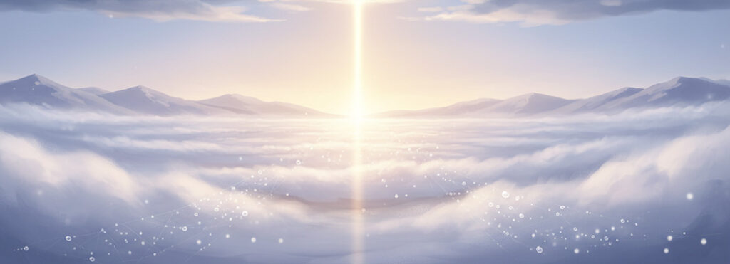 Ethereal illustration of morning fog parting as a single golden sunbeam breaks through, with tiny diamond dew drops catching light in silvery-lavender mist