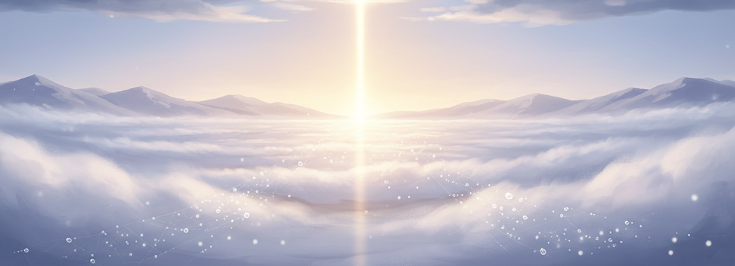 Ethereal illustration of morning fog parting as a single golden sunbeam breaks through, with tiny diamond dew drops catching light in silvery-lavender mist