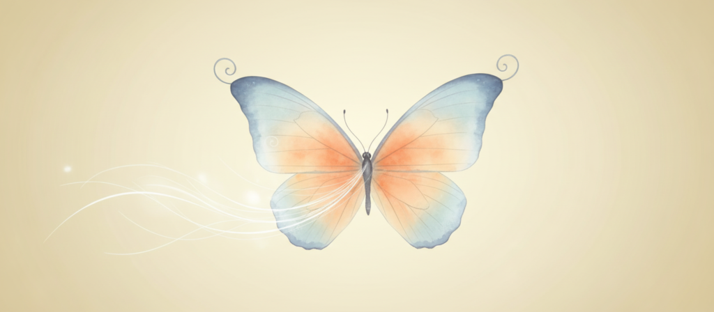 Delicate illustration of a butterfly mid-flight with smile-curved wings carried on silver breeze lines against pale morning gold sky