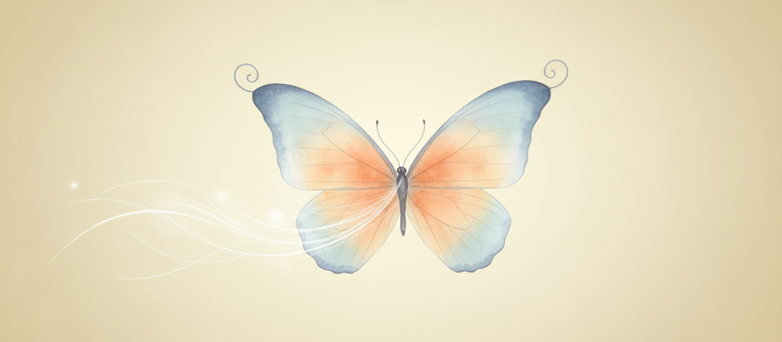Delicate illustration of a butterfly mid-flight with smile-curved wings carried on silver breeze lines against pale morning gold sky